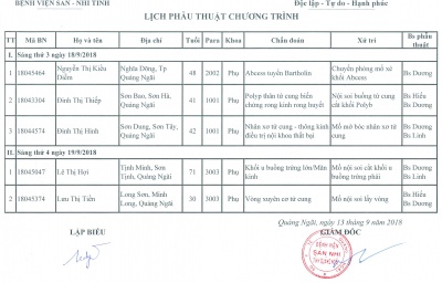 Lịch phẫu thuật chương trình tuần 3 tháng 9 năm 2018